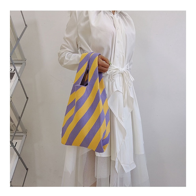 Gobra ♕ TW004 Tas Bene Korean Knitted Checkered Tote Bag Tas Rajut Garis Garis Miring Totebag Buffollow Vacay Viral Bangkok Import