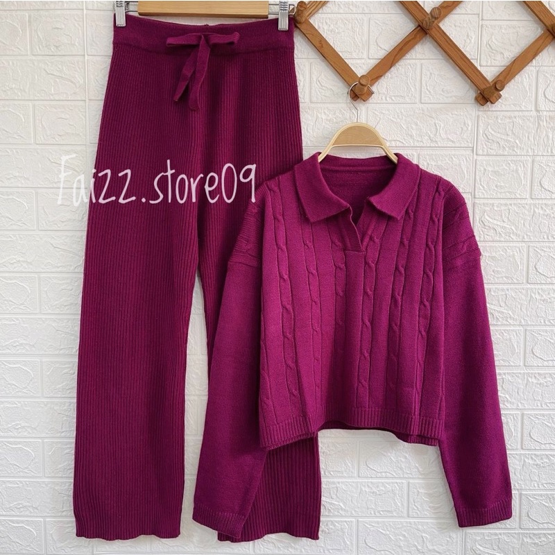 ONESET CELANA  KULOT RAJUT BLOUSE SWEATER KERAH CABLE