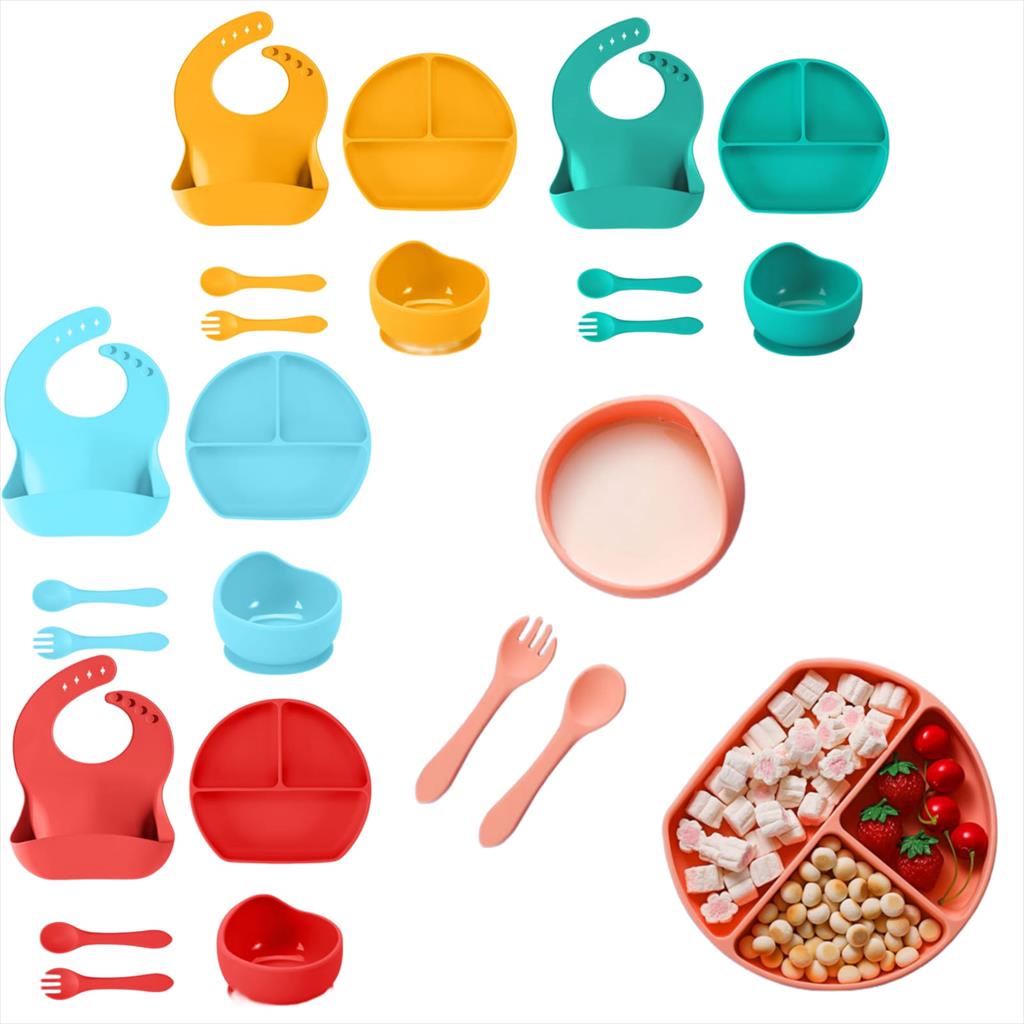 JM0047 Set Makan Bayi 5 in 1 Silicone Peralatan Makan Bayi Silicone Set Food Grade Baby Feeding Set Suction Bowl Anak