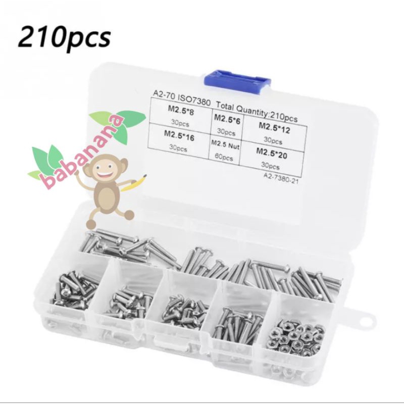 210pcs M2.5 button head hex stainless steel screw nut set baut mur