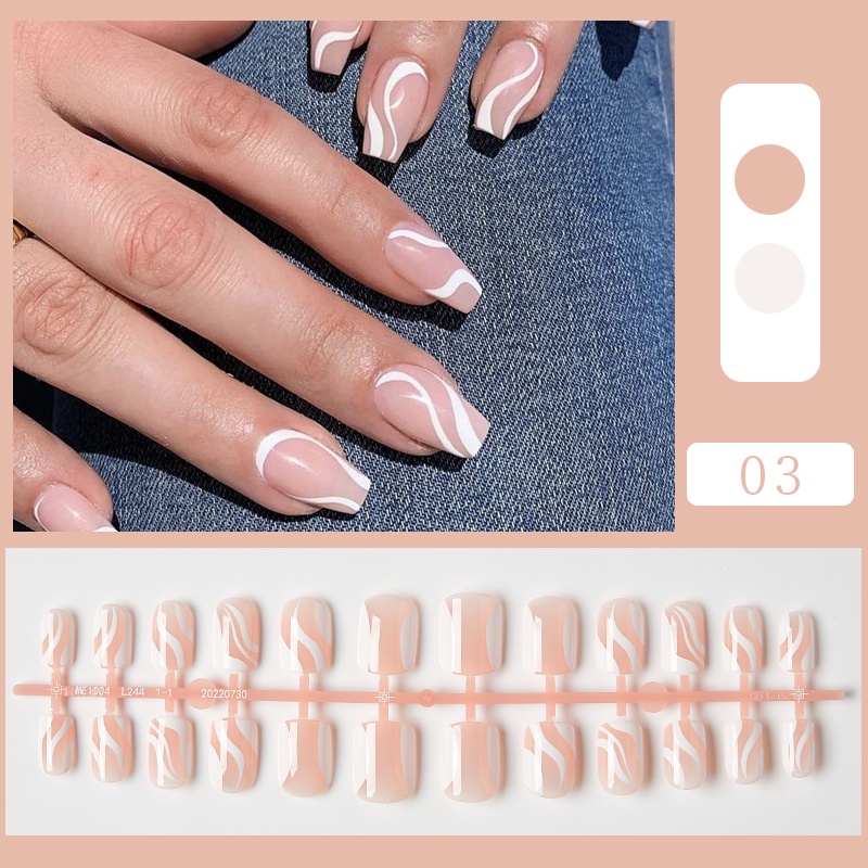 Nail Art Palsu Kepala Bulat Panjang Tanpa Lem Press on Nails Full Cover Pink Putih Pendek Persegi Lepas Pasang Kuku Palsu Artificial