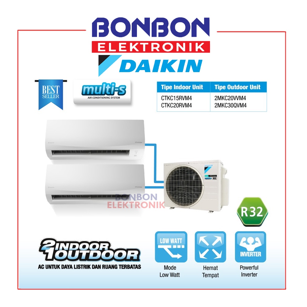 Daikin AC Multi S 1/2 PK + 3/4 2MKC30 2 Koneksi Inverter /2MKC30QVM