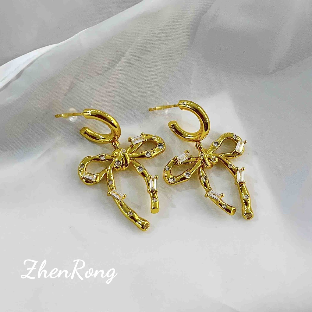 Goldkingdom Perhiasan Fashion Emas Asli Kadar 375 Bangkok Aksesoris Ready Stock Busur Berlian Vintage Dengan Kepribadian Minimal Anting Kalung