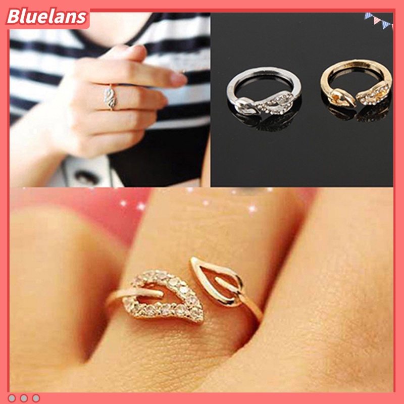 Bluelans Women Fashion Rhinestone Two Leaf Open Ring Jewelrys Party Gift