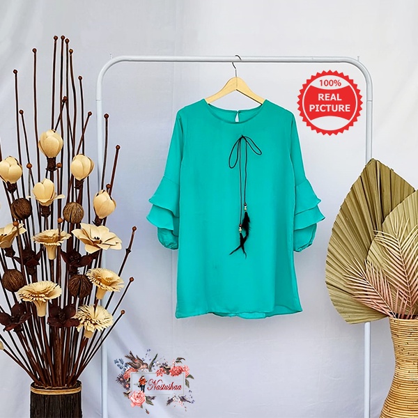 Tunik Wanita Lengan Panjang Model Tangan Karet Rempel Tumpuk Atasan Wanita Polos Aplikasi Tali Bulu Ayam Tunik Bahan Wollycrepe Warna Tosca Allsize