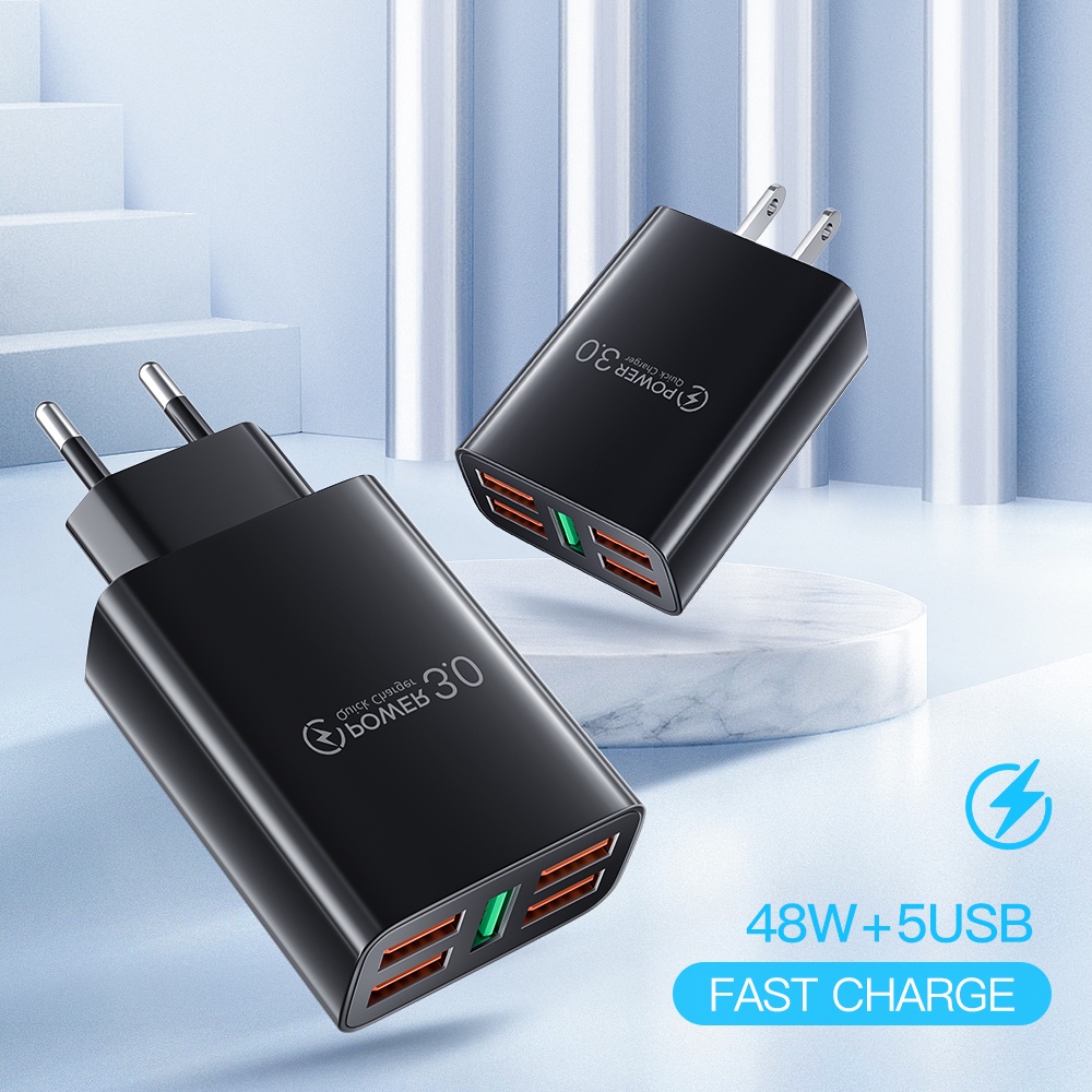 Adapter Charger Dinding 5 Port USB 3.0 4.0 48W Fast Charging Untuk Iphone 14 13 Pro Max Android