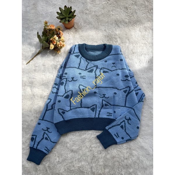 SWEATER CROP RAJUT MOTIF KUCING