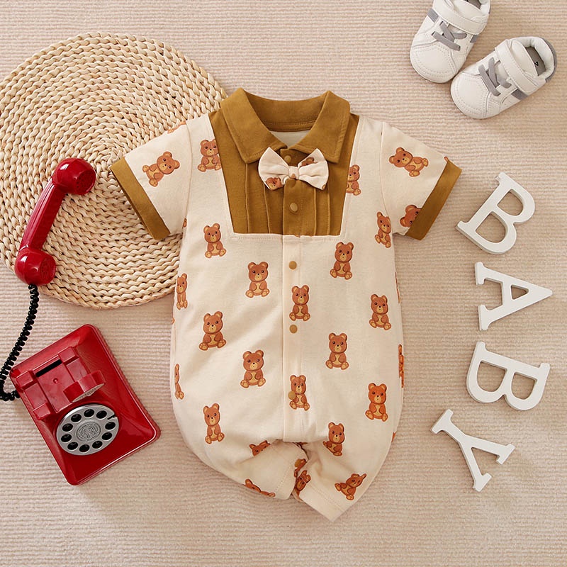 READY STOK!!! jumper bayi lengan pendek motif BEAR BROWN lucu ala korea import premium / brownieground / BA-614