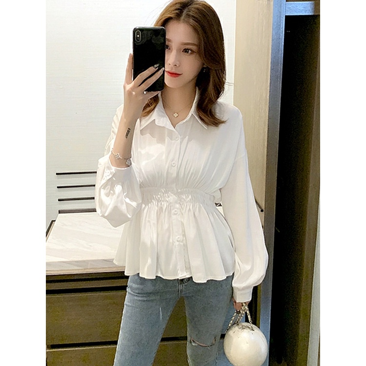 (Fit to XL) Brianna Top - Blus Kemeja Wanita Blouse kualitas Import Gaya Elegant Korea Kerut Kantor Lengan Panjang Batwing OOTD Korean Style Atasan Wanita Lengan Panjang - Baju Putih Dewasa Kampus Formal Perempuan Babycinnamon