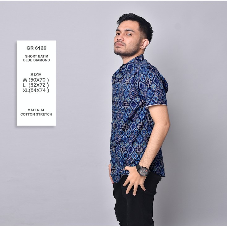 Batik Diamond Navy Pria Panjang /Slimfit / katun stretch casual / formal / kemeja kantor Batik