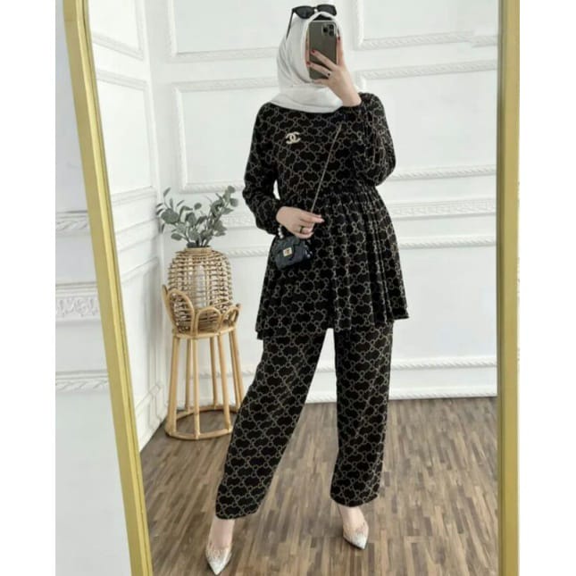 NAUREEN one set panjang motif viral kekinian kancing depan lengan panjang karet bumil/busui