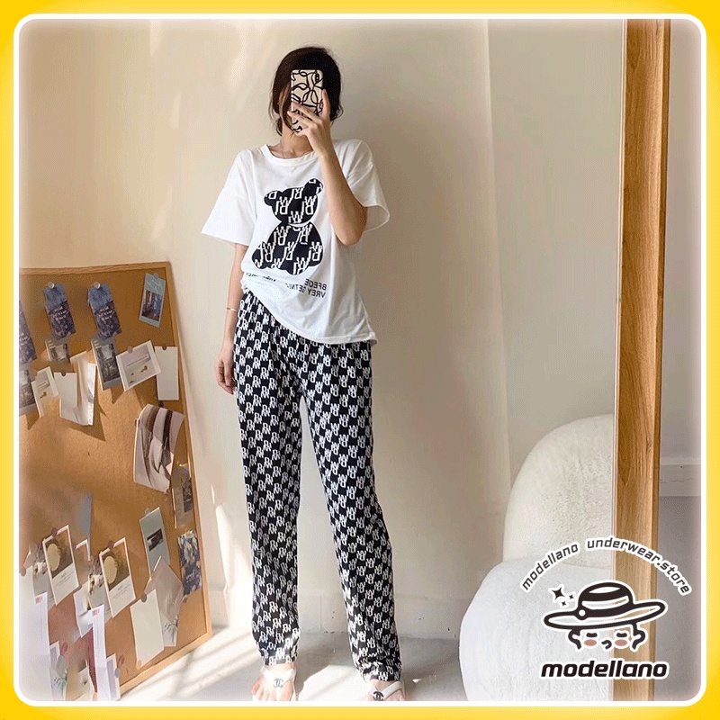 ❤ modellano ❤ Piyama 3in1 Baju Tidur Import Set Celana Piyama Kotak-kotak Pakaian Santai Longgar
