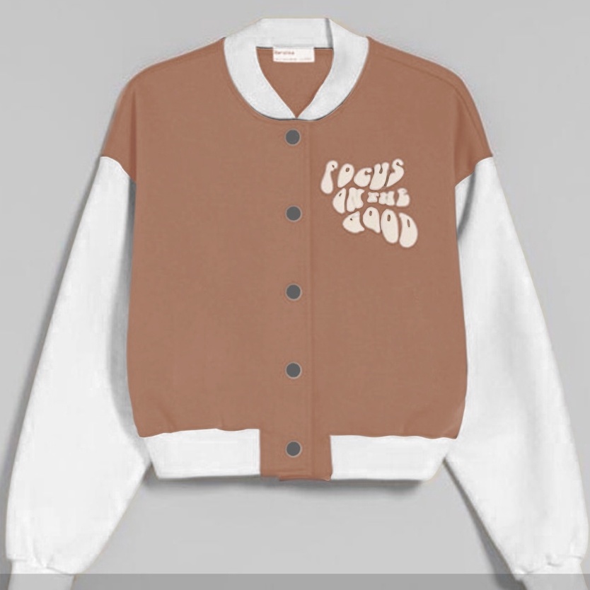 Jaket Crop Baseball Focus On The Good - Jaket Wanita - Varsity Style - allsize - Bahan Fleece tebal dan lembut