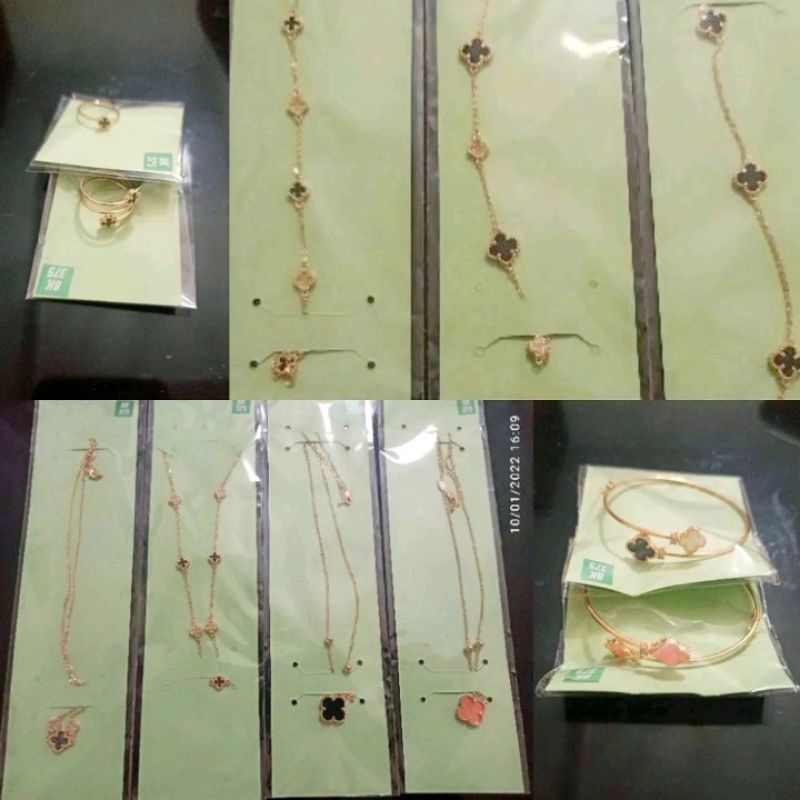 Satu Set Kalung,Gelang kaki,Gelang Serut,Gelang Bulat ,Cincin Van Cleef UBS Kadar 375 8k