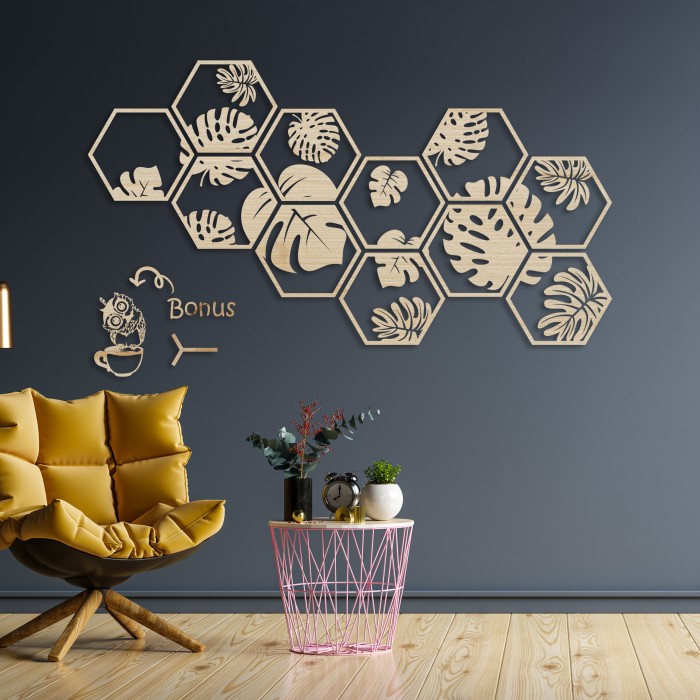 Dekorasi Hiasan Dinding Timbul 1.47m x 0.8m Elegan Hexagonal Monstera Wall Panel Decor Ukuran Besar