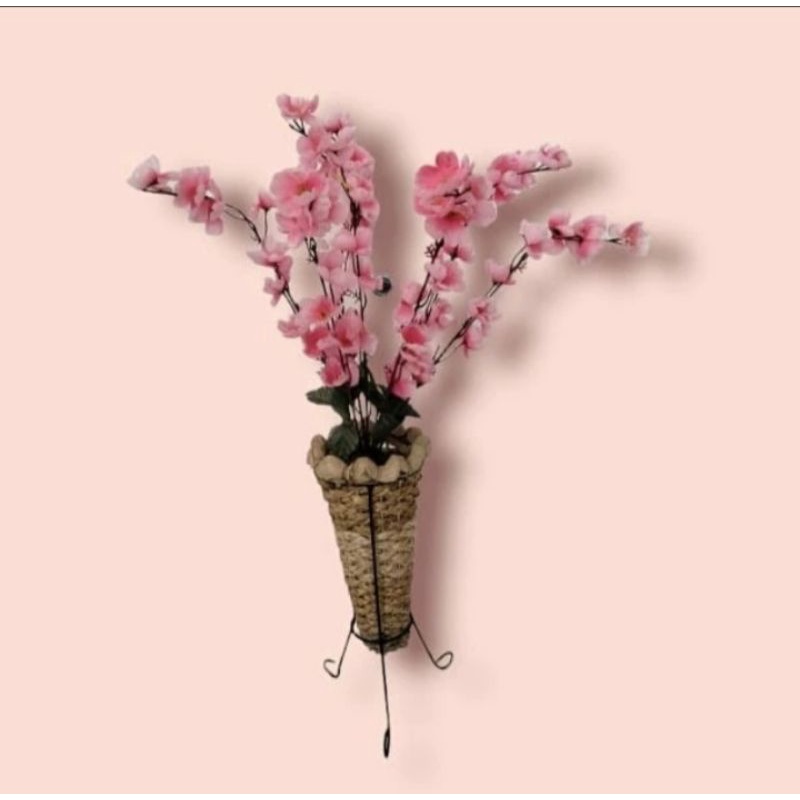 Bunga sakura bunga hias plastik artificial pot bunga standing besi rotan