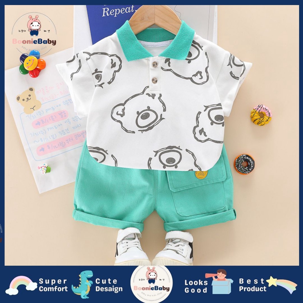 boonie COD setelan baju anak laki laki import motif beruang setelan anak laki import baju anak cowok import fashion anak laki laki impor motif PAPIBEAR GREEN white