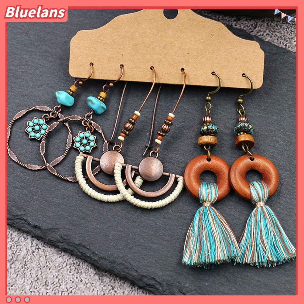 Bluelans 3 Pasang / Set Anting Kait Gantung Desain Geometri Bulat + Rumbai Gaya Vintage Untuk Wanita