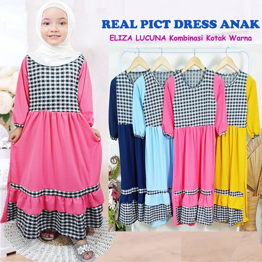 DRESS ELIZA LUCUNA KOMBINASI KOTAK WARNA ANAK 2-13 Tahun CANTIK SOLEHA GL FASHION