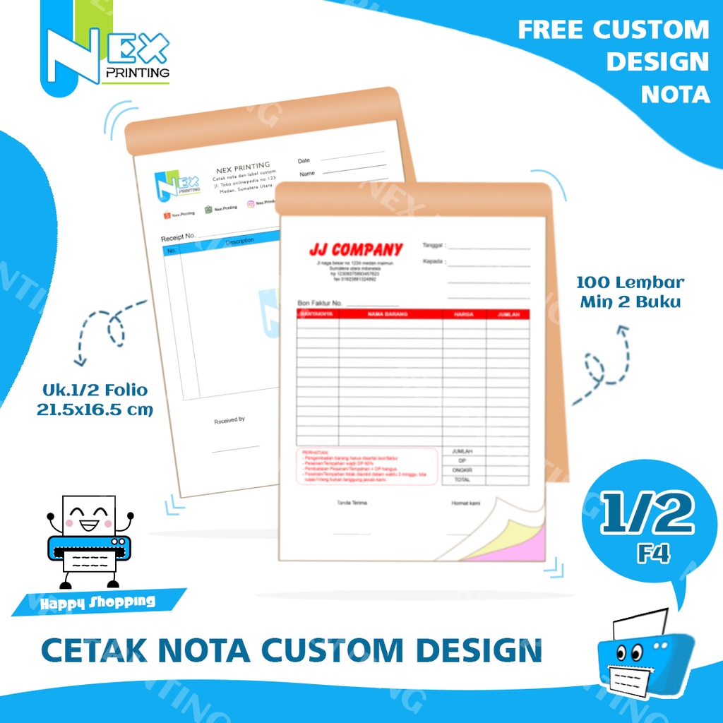 

Cetak Nota Ukuran 1/2 Folio Bon Faktur Toko Online Ofline Emas Restoran Laundry rangkap 1 2 3 4 5