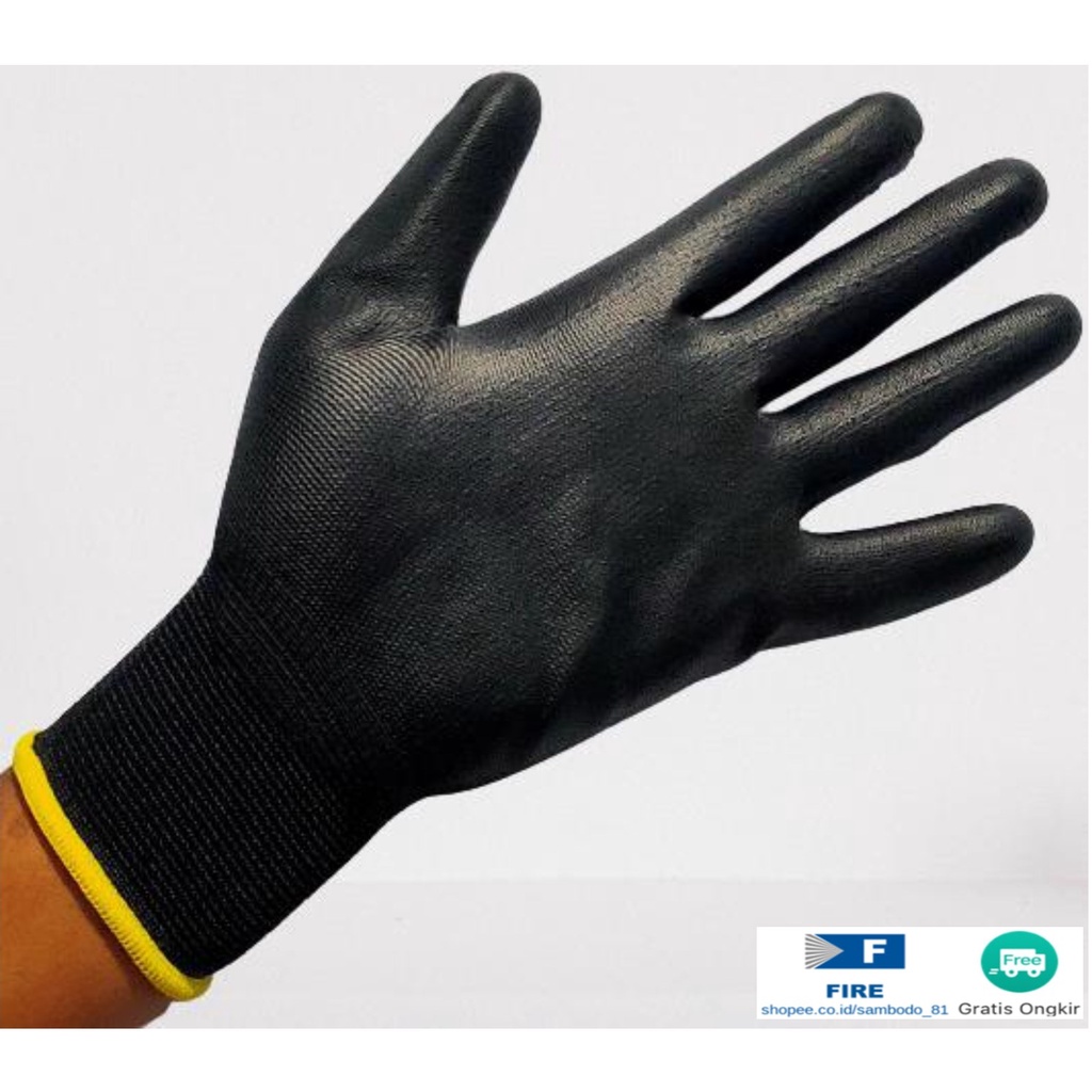 Sarung Tangan Coating Karet Pengaman kerja Packing PU Statis Multitask Karet Palm Fit Ukuran S,M, L, XL Proyek Satpam Anti Slip Hitam Black Hand Gloves Mekanik Montir Berkebun