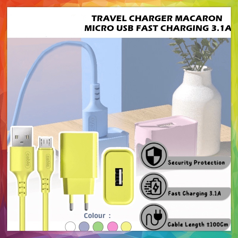 Travel Adaptor Charger MACARON Fast Charging 3.1A + Cable Micro USB 100Cm / Adapter Transfer Data + Kabel Bulat Casan Handphone