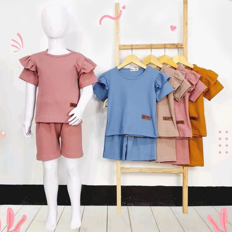 Set Baju Anak Waffle Uniqlo Lengan Ruffle - Stelan Baju Anak Perempuan
