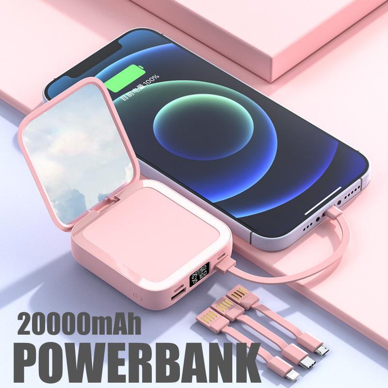 Power Bank 20000mAh Powerbank Fast Charging with 3 Kabel Data Real Capacity Mini Dual USB Portable Make-up Mirror