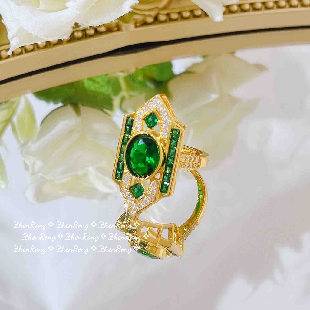 Goldkingdom Perhiasan Fashion Emas Asli Kadar 375 Bangkok Aksesoris Ready Stock Klasik Art Deco Style Suit Emerald Pendant Cincin Berlian Hijau Anting