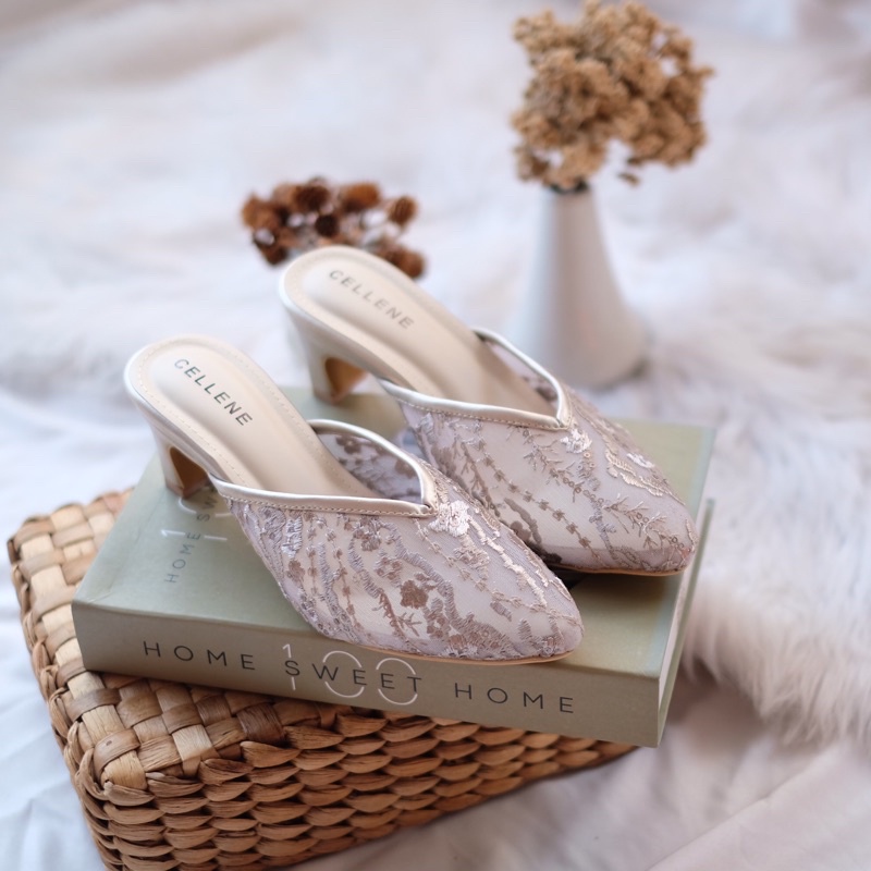 CELLENE Clover Nania Lace 4 warna / heels selop brukat wedding shoes pengantin