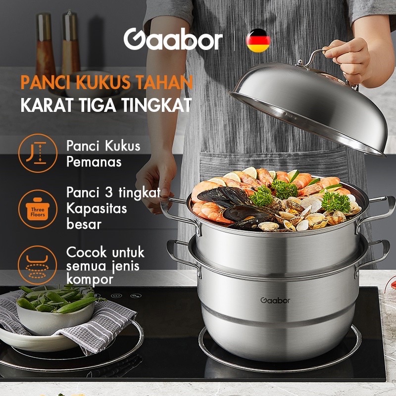 Gaabor Panci Kukus Panci Rebus 3 Tingkat Steamer Stainless Steel Anti Karat Diameter 28cm /GS-S28AZplus