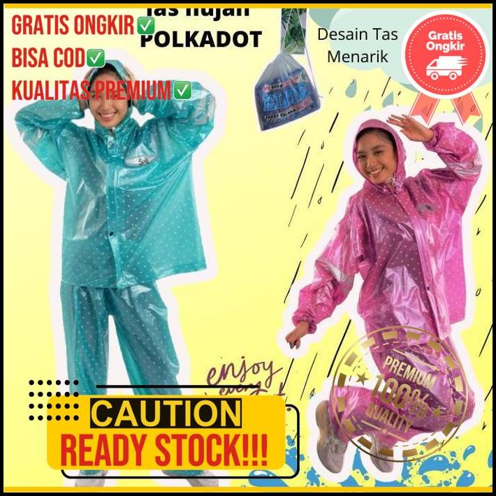 Mantel Jas Hujan Setelan Baju Celana Dewasa Motif Polkadot Elite Spin