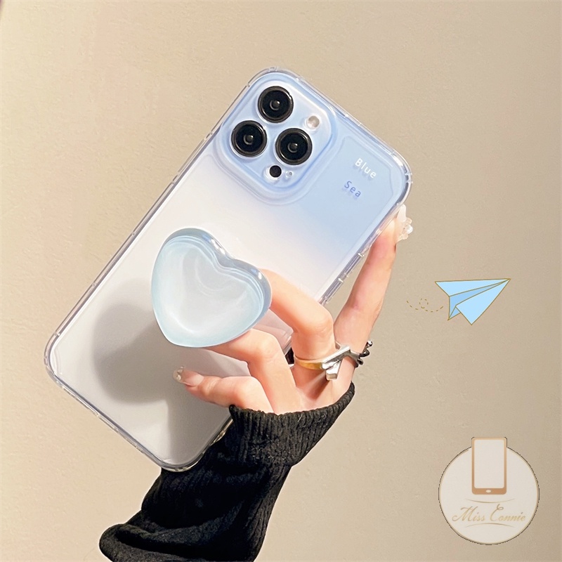 Soft Case TPU Transparan Gradasi Biru + Ring Holder Untuk IPhone 7 8 6 6S Plus 11 13 12 Pro MAX XR X XS MAX SE 2020