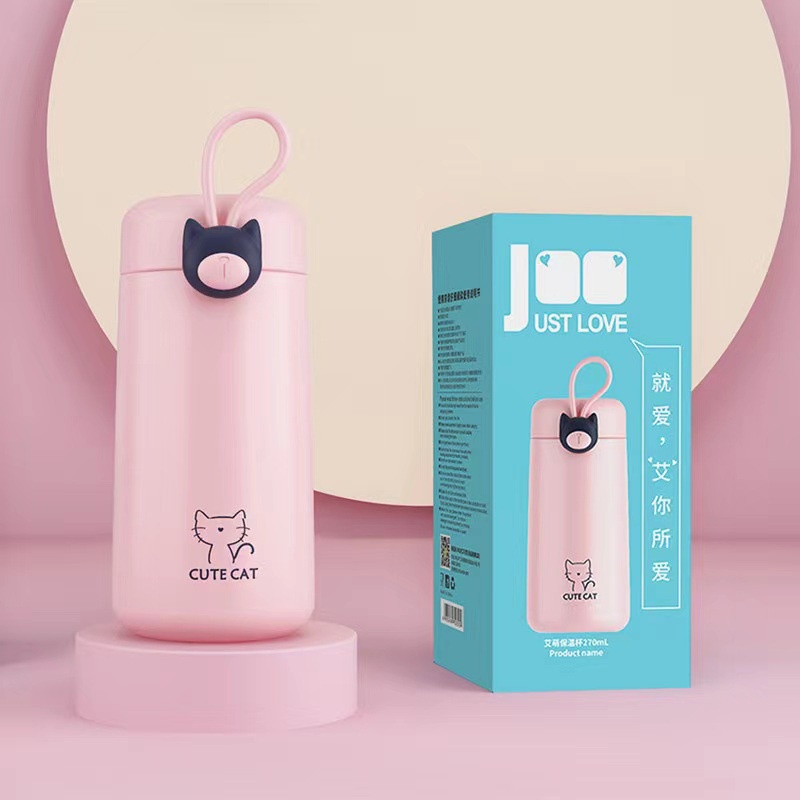 Thermos Termos Mini Gelas Cute Cat Kucing -  270 ml Botol Tumbler Kopi Teh Stainless Steel BPA Premium awet tahan lama Hitam Putih Pink Blue  Hadiah Gift Premium