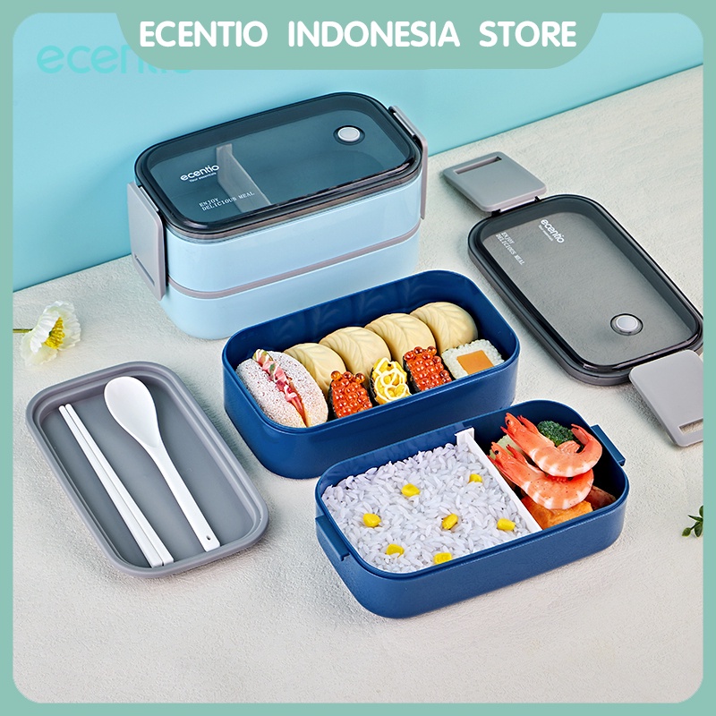 ecentio kotak makan 2 susun dengan free sendok double layers lunch box anti bocor bento box tempat makan kotak bekal misting bekal nasi bpa free