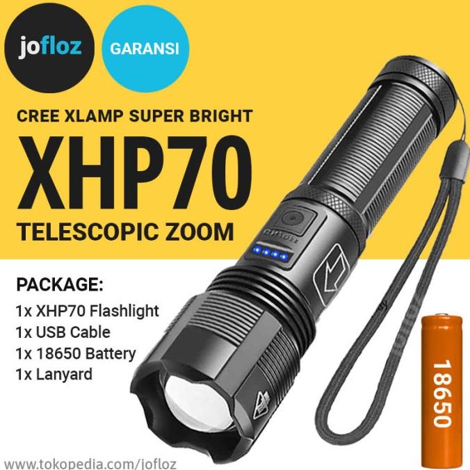 Senter LED XHP70 ZOOM +Baterai 18650 USB Recharge - XHP 70 P7