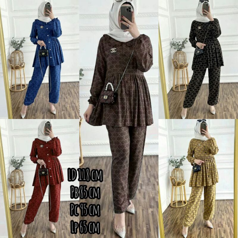 NAUREEN one set panjang motif viral kekinian kancing depan lengan panjang karet bumil/busui