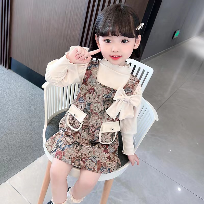 【Baru Datang】(0-4 Tahun )QZ-114 Dress Anak Cewek Gambar Bear 1 set dengan Pita disamping Elegan premium TERMURAH