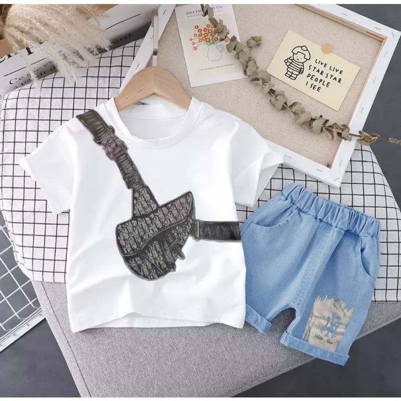 Setelan kaos celana jeans anak laki laki perempuan 1-5 tahun motif waist bag dior