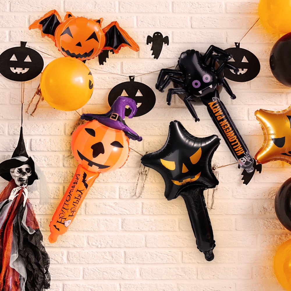 Tongkat Balon Tiup Bahan Aluminum Foil Motif Labu / Laba-Laba Untuk Dekorasi Pesta Halloween