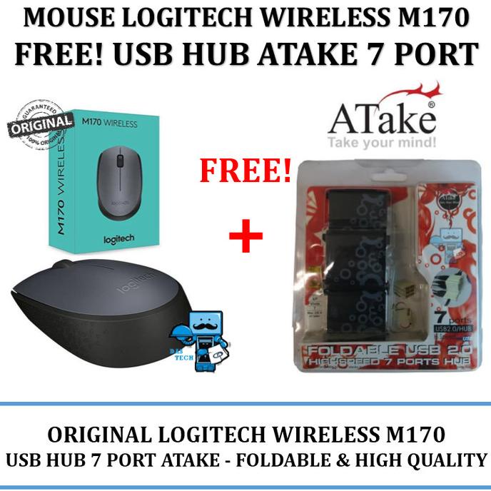 Mouse Wireless Logitech M170 FREE USB HUB 7 Port Atake always ready