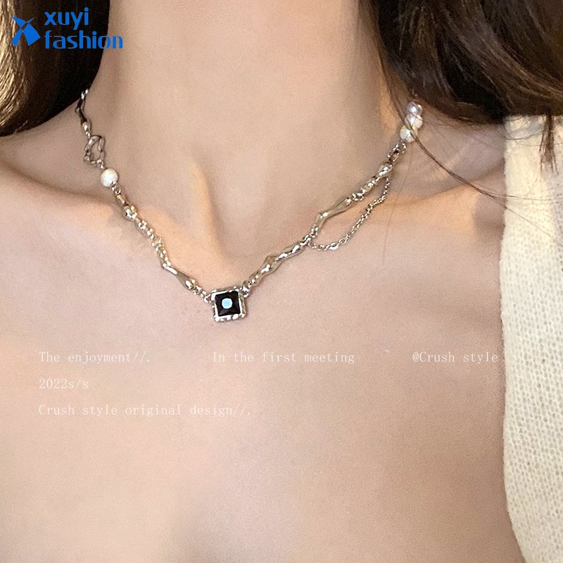 Y2k Kalung Choker Rantai Silver Hias Mutiara Kristal Untuk Wanita