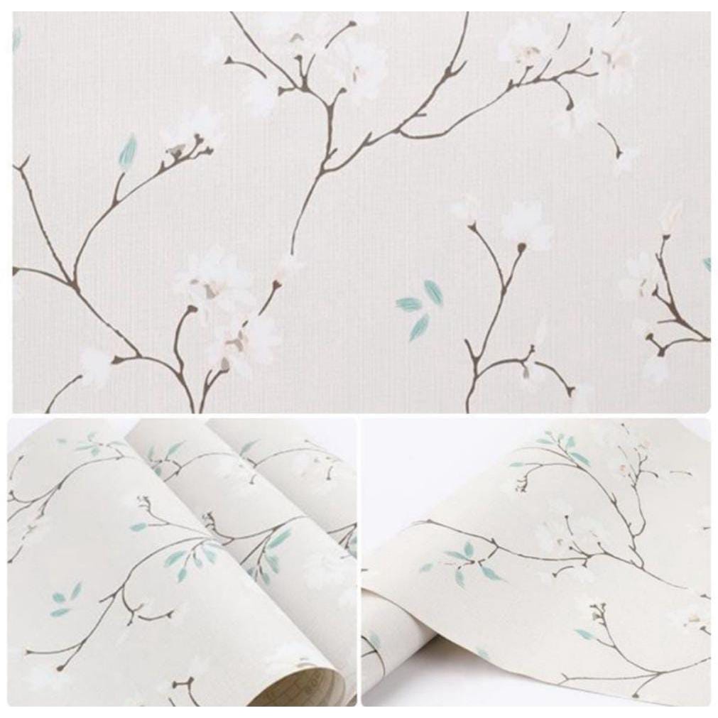Termurah beli 5 gratis 1 cod Wallpaper Sticker Dinding sakura daun hijau Putih Polos Bertekstur Daun