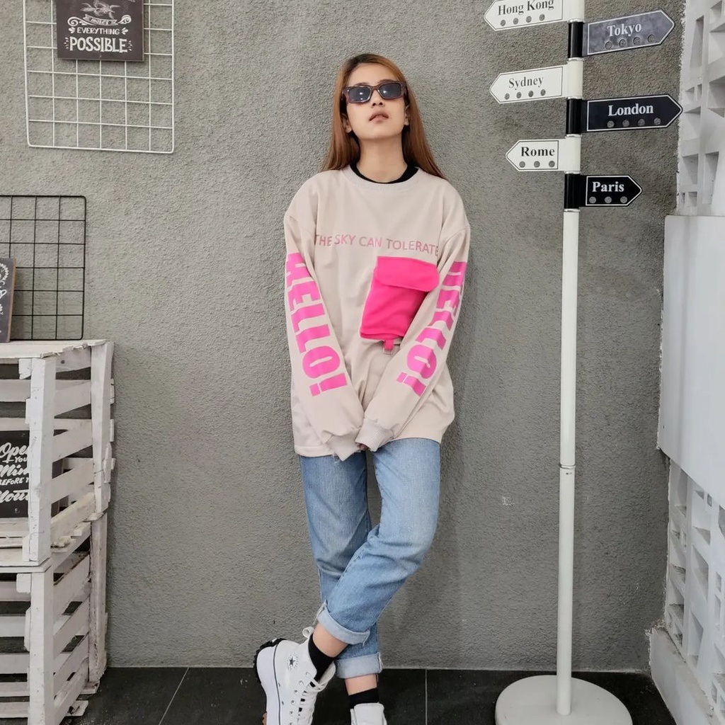 HELLO POCKY Sweater Crewneck Oblong Wanita Oversize Bersaku Pakaian Blouse Fashion Terkini Ala Korean Style Kasual Terbaru