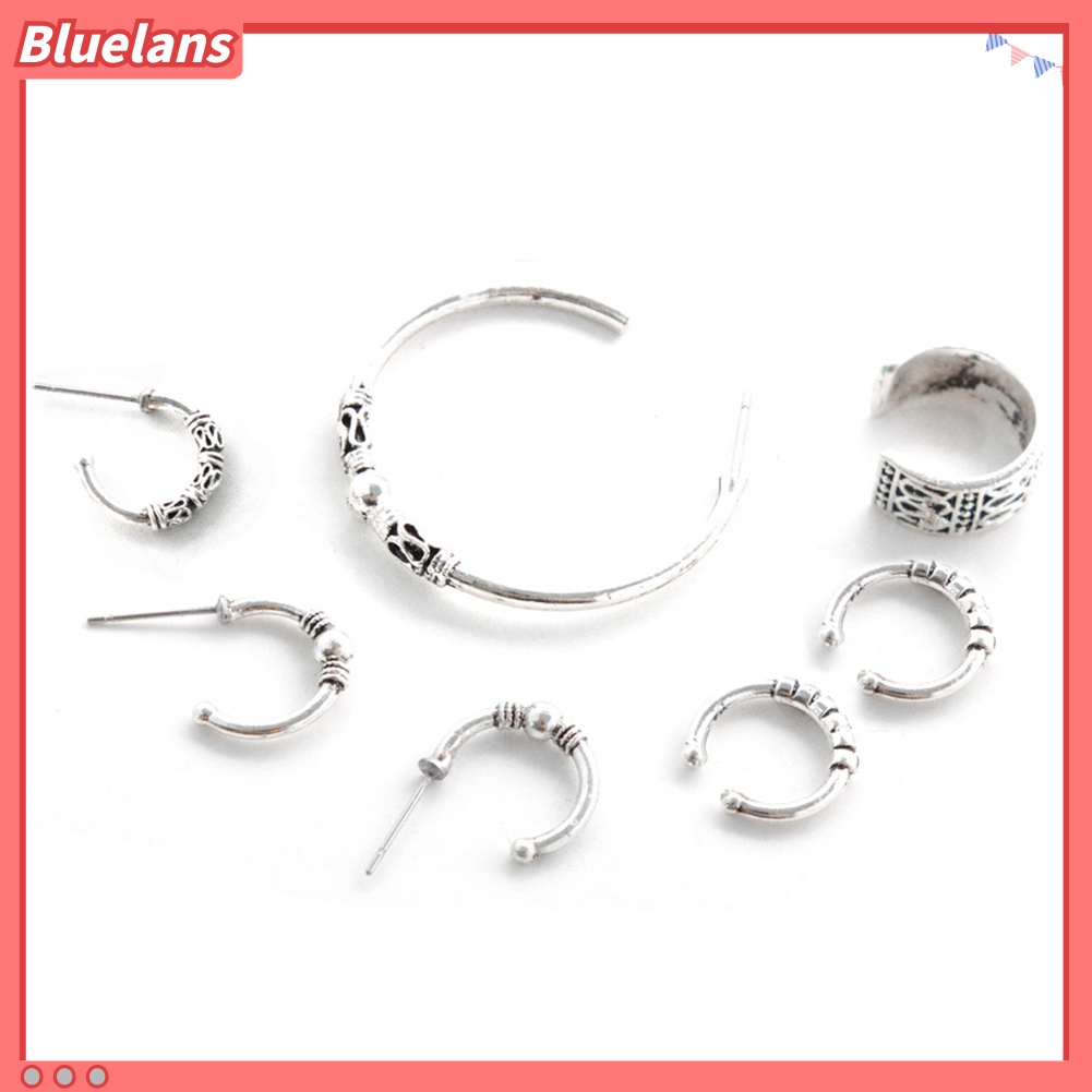 Bluelans 7 Pcs Boho Women Retro Carving Beads C Shape Alloy Hoop Earrings Set Jewelry