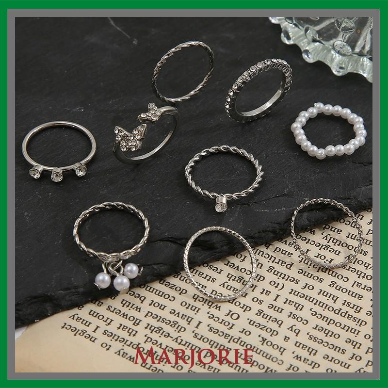 9 PCS Wanita Tipis Berongga Mutiara Kristal Kupu-kupu Berlian Premium Knuckle Ring Set-MJD