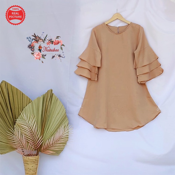 Tunik Wanita Modern Model Lengan Lonceng Tumpuk 7/8 Bahan Wolly Crepe Mocca Baju Atasan Wanita Muslim Terbaru Long Tunik Kekinian