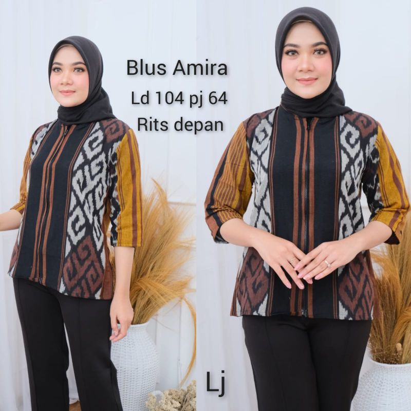 Blus tenun amira ori tenun troso resleting depan atasan kerja blus kantor