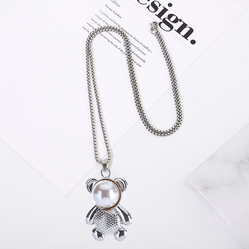 Kalung Rantai Panjang Liontin Beruang Aksen Mutiara Gaya Hip Hop Untuk Pasangan
