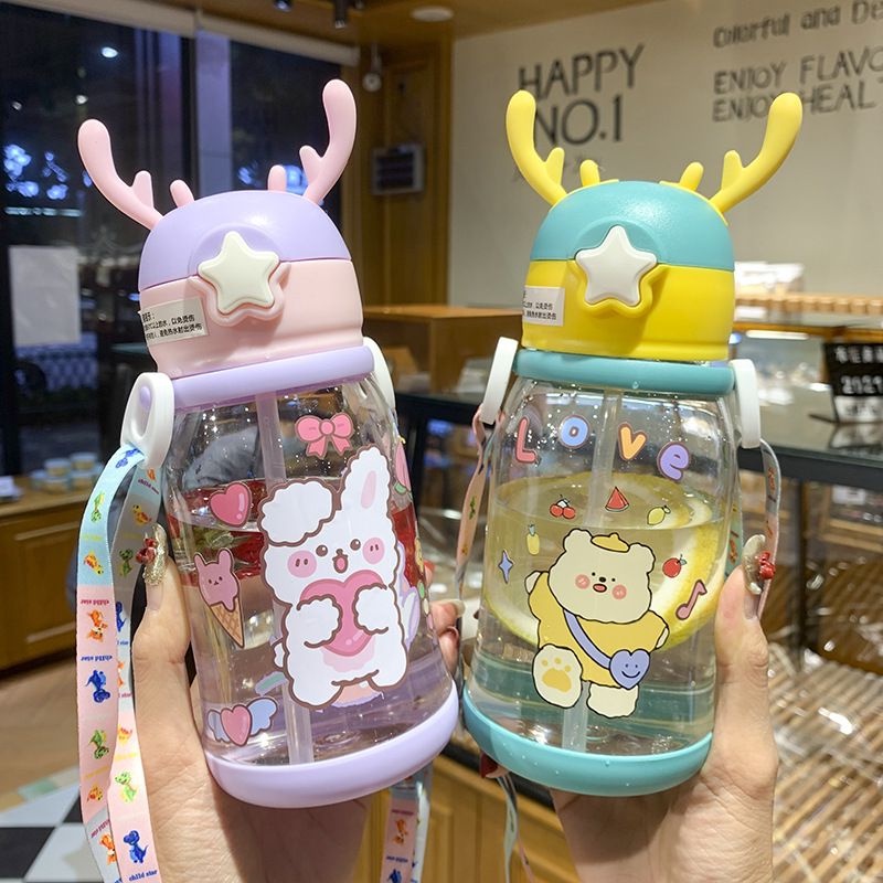 [JINGO] Botol Minum Tanduk Rusa Tali Sedotan/ Botol Minum Anak Lucu 600 ML Anti Tumpah Anti Pecah BPA FREE